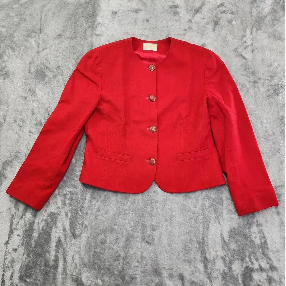 Vintage Pendleton Wool Collarless Fitted Blazer Jacket Size 12 Red Office Career